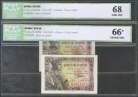 1 peseta. May 21, 1943. Correlative pair. Series G. (Edifil 2017: 447a). Encapsulated ICG68 and 66 (graduation ticket 66, minimum dot on the back), re...