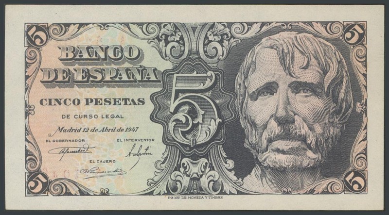 5 Pesetas. April 12, 1947. Series A. (Edifil 2017: 454a). UNC.