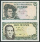 Set of 2 banknotes of 5 Pesetas issued on March 5, 1948 and August 16, 1951, both with series A (Edifil 2017: 455a, 459a). UNC\/ AU.
