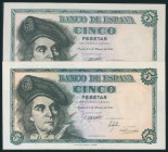 Set of 2 banknotes of 5 Pesetas issued on March 5, 1948 with series A and E, respectively (Edifil 2017: 455a). UNC.