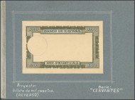 Design of a reverse for a 1,000 pesetas banknote without date, on yellow cardboard and green ink. This sketch is constructed as a collage from a basic...