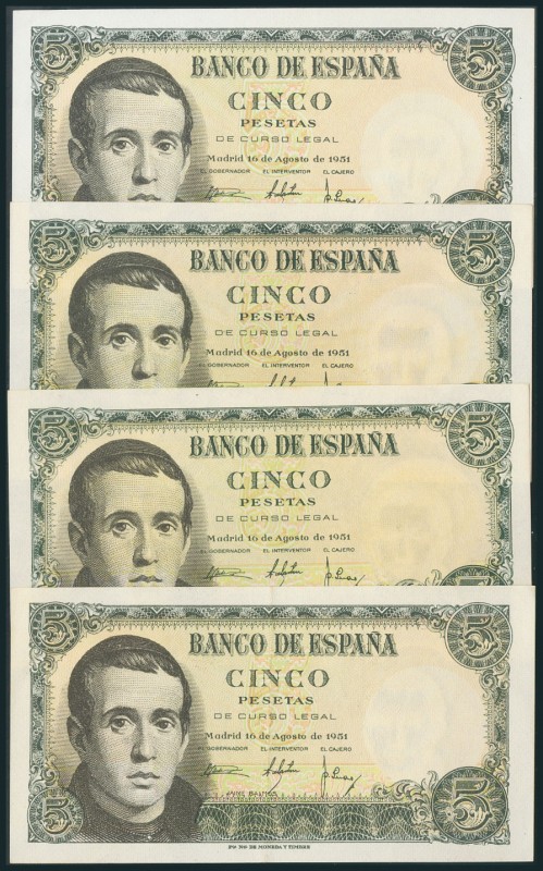 Set of 4 banknotes of 5 Pesetas issued on August 16, 1951 with series T, V, 1C a...