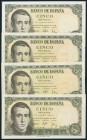 Set of 4 banknotes of 5 Pesetas issued on August 16, 1951 with series T, V, 1C and 1L (Edifil 2017: 459a). UNC\/ XF.