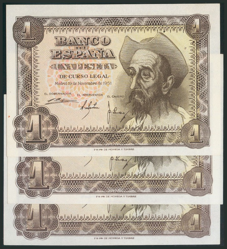 Set of 3 1 Peseta banknotes, issued on November 19, 1951 with series D, F and P,...