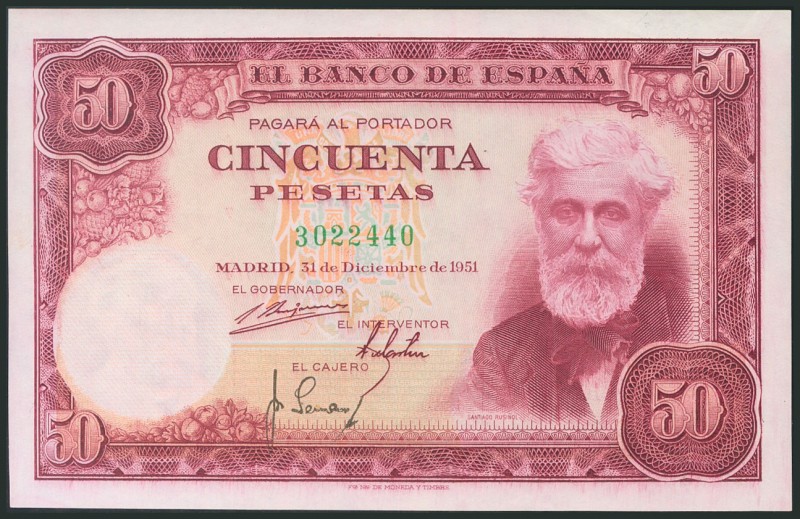 50 Pesetas. December 31, 1951. Without series. (Edifil 2017: 462). Original sizi...