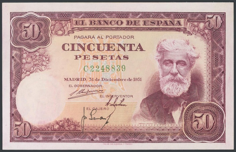 50 Pesetas. December 31, 1951. Series C, last series issued. (Edifil 2017: 462a)...