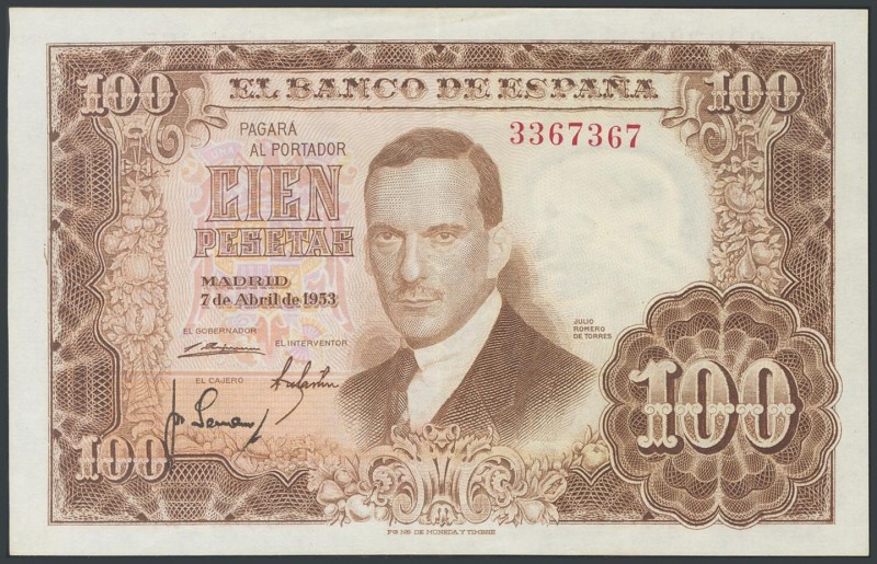 100 Pesetas. April 7, 1953. Without series. (Edifil 2017: 464). VF.