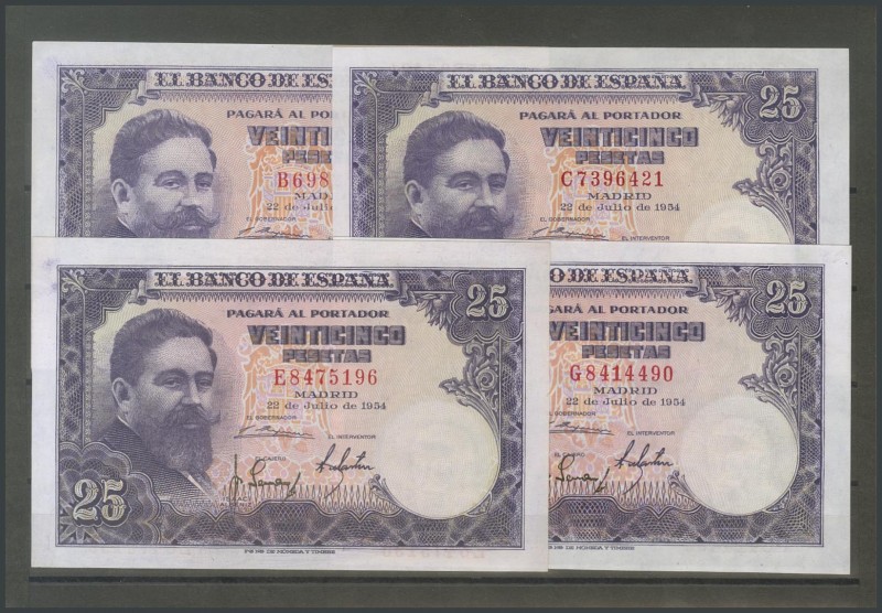 Set of 11 25 Pesetas banknotes issued on July 22, 1954, including all series exc...