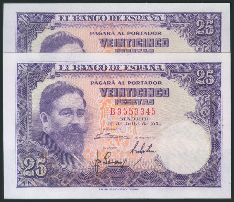 25 Pesetas. July 22, 1954. Correlative couple. Series B. (Edifil 2017: 467a). UN...