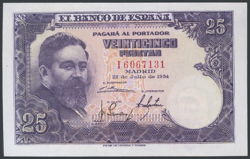 25 Pesetas. July 22, 1954. Series I. (Edifil 2017: 467a). Original sizing. UNC.