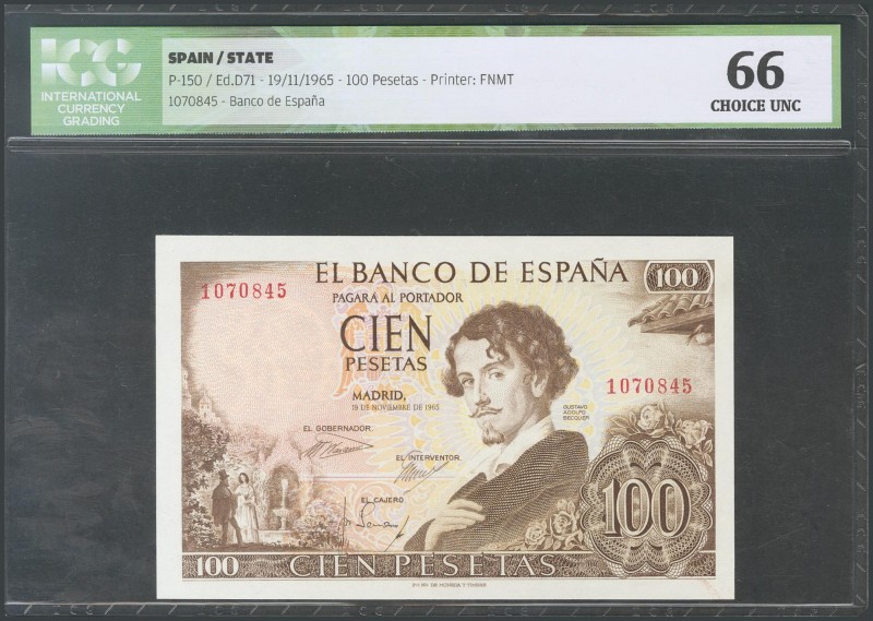 100 Pesetas. November 19, 1965. Without series. (Edifil 2017: 470). Encapsulated...