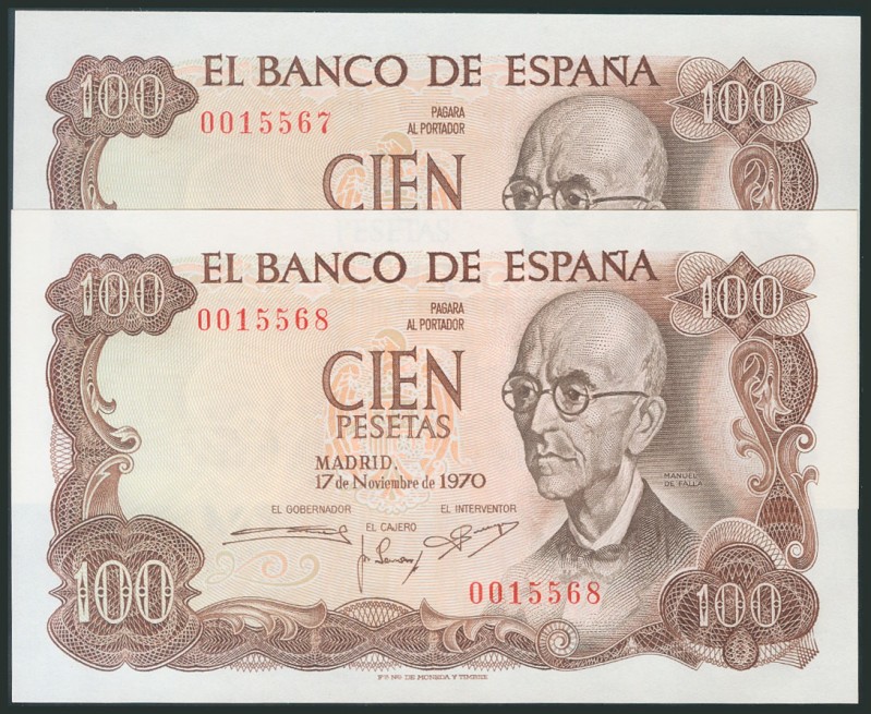 100 Pesetas. November 17, 1970. Correlative pair. No series and low numbering. (...