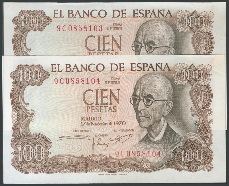 100 Pesetas. November 17, 1970. Correlative pair. 9C series, special series. (Ed...