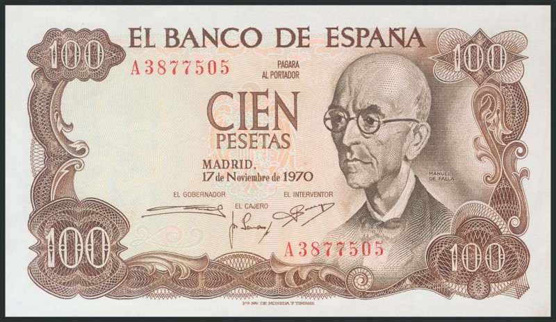 100 Pesetas. November 17, 1970. Series A. (Edifil 2017: 472a). UNC.