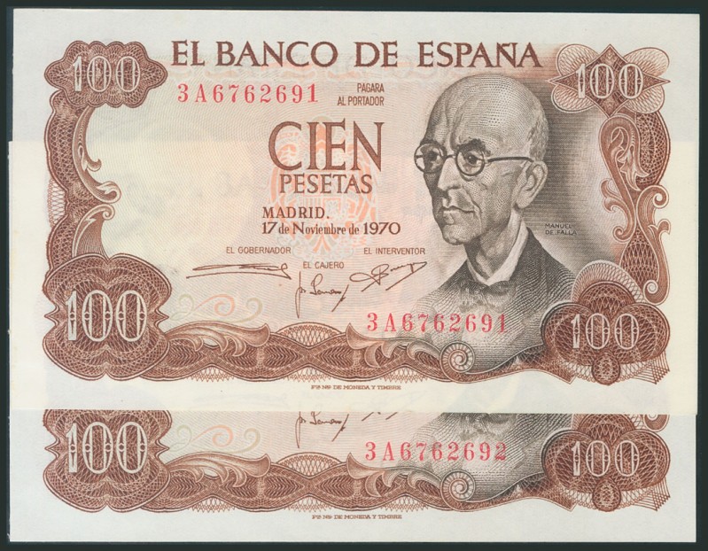 100 Pesetas. November 17, 1970. Correlative pair. Series 3A. (Edifil 2017: 472a)...