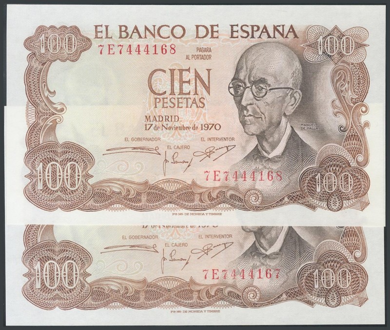 100 Pesetas. November 17, 1970. Correlative pair. 7E series. (Edifil 2017: 472c)...