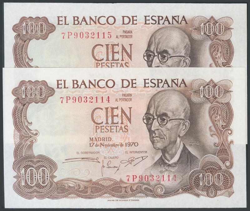 100 Pesetas. November 17, 1970. Correlative pair. 7P series. (Edifil 2017: 472c)...