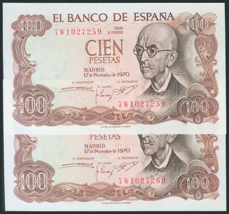 100 Pesetas. November 17, 1970. Correlative pair. Series 7W, last series issued....