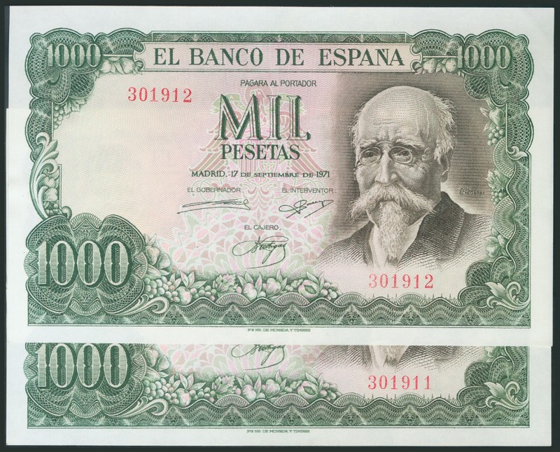 1000 Pesetas. September 17, 1971. Correlative pair. No serie. (Edifil 2017: 474)...