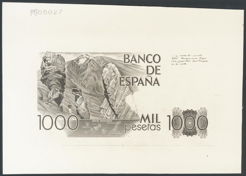 Definitive proof of engraving in black on the back of the 1000 Pesetas banknote,...