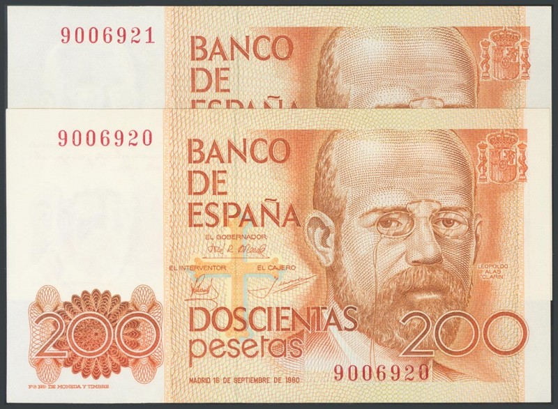 200 pesetas. September 16, 1980. Correlative pair. No serie. (Edifil 2017: 480)....