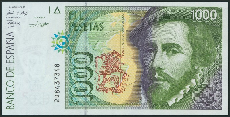 1000 Pesetas. October 12, 1992. Type II. 2D series and capic\u00faa numbering. (...