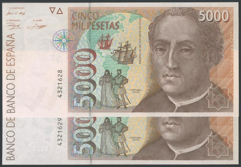 5000 Pesetas. October 12, 1992. Correlative couple. No serie. (Edifil 2017: 484)...