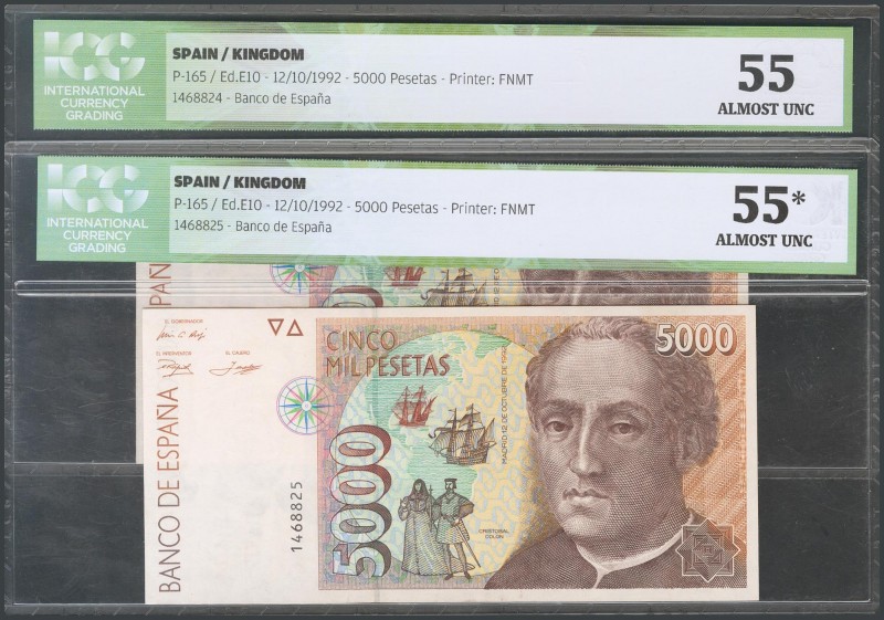 5000 Pesetas. October 12, 1992. Correlative couple. No serie. (Edifil 2017: 484)...