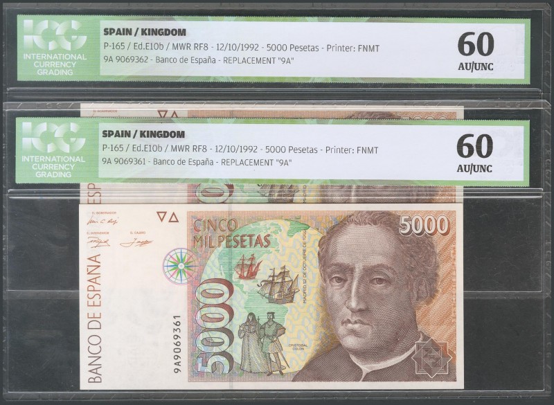 5000 Pesetas. October 12, 1992. Correlative couple. Series 9A, respectively. (Ed...