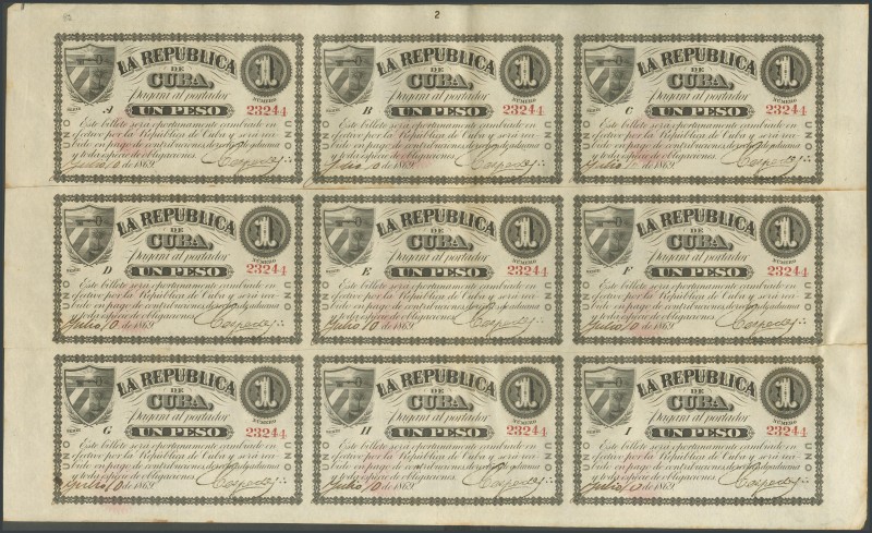 REPUBLIC OF CUBA (1869). 1 Peso July 10, 1869. Complete sheet of 9 banknotes cut...