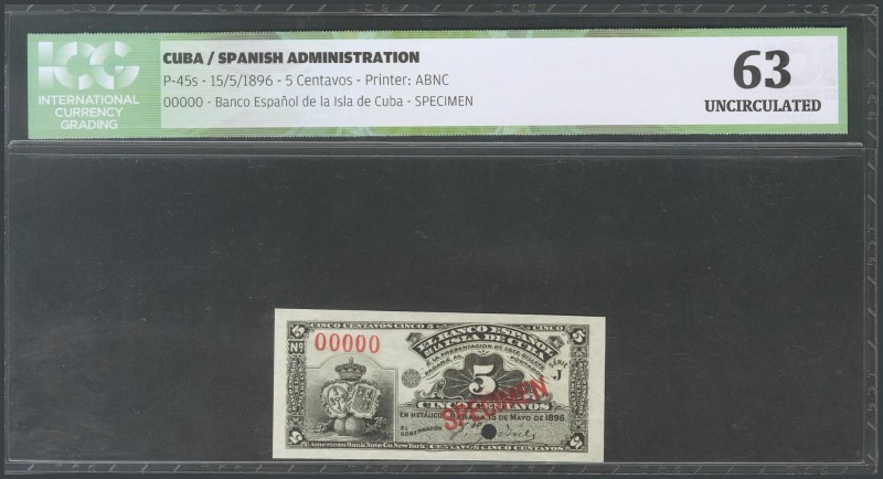 CUBA. 5 cents. May 15, 1896. Series J. Specimen and numbering 00000. (Edifil 201...