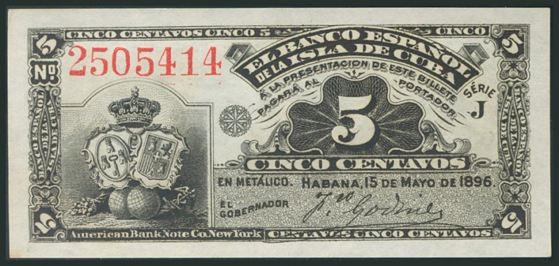 CUBA. 5 cents. May 15, 1896. Series J. (Edifil 2017: 69). UNC.