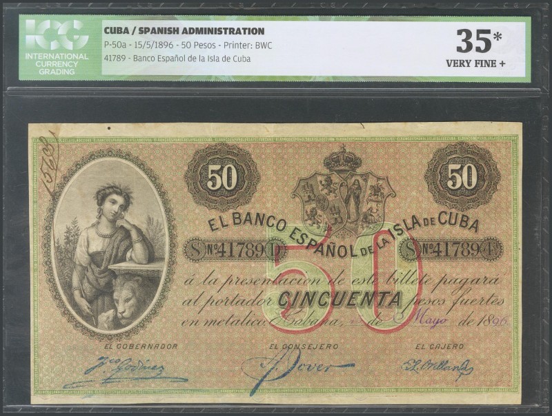 CUBA. 50 pesos. August 15, 1896. (Edifil 2017: 74, Echenagus\u00eda: 51). Encaps...