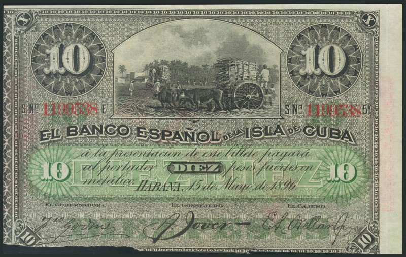 CUBA. 10 pesos. May 15, 1896. SILVER overload. Series E. (Edifil 2017: 82). Miss...