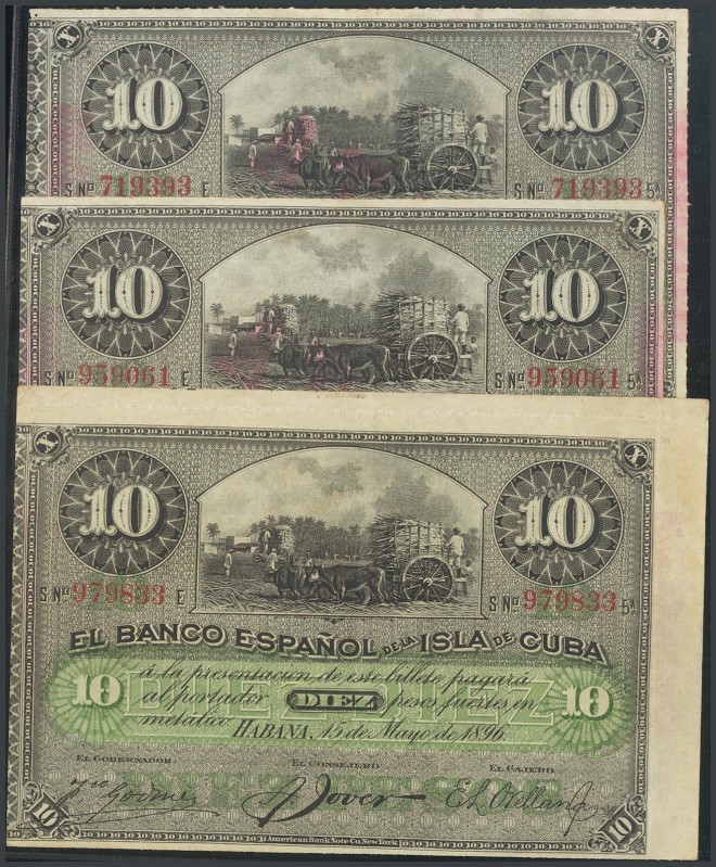 CUBA. Set of 3 bills of 10 Pesos issued on May 15, 1896 and with the PLATA surch...