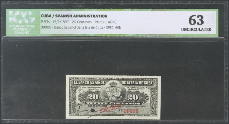 CUBA. 20 cents. February 15, 1897. Series I. Specimen and numbering 00000. (Edif...