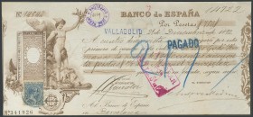 First Exchange of the Bank of Spain, dated in Valladolid in 1892. Unusual. VF