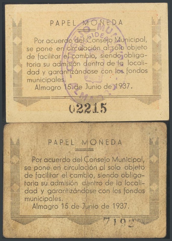 ALMAGRO (CIUDAD REAL). 25 Cents and 1 Peseta. June 15, 1937. (Gonz\u00e1lez: 546...