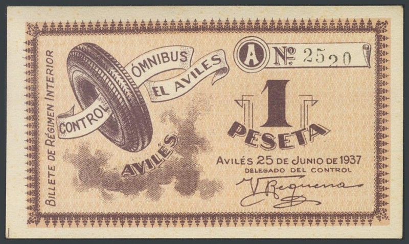 AVILES (ASTURIAS). 1 peseta. June 25, 1937. Series A. (Gonz\u00e1lez: 797). Very...