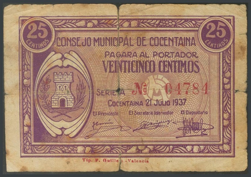 COCENTAINA (ALICANTE). 25 cents. July 21, 1937. (Gonz\u00e1lez: 1991). FR2.