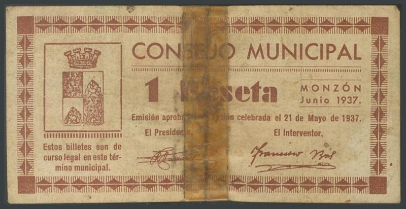 MONZON (HUESCA). 1 peseta. June 1937. (Gonz\u00e1lez: 3676). Unusual, features d...