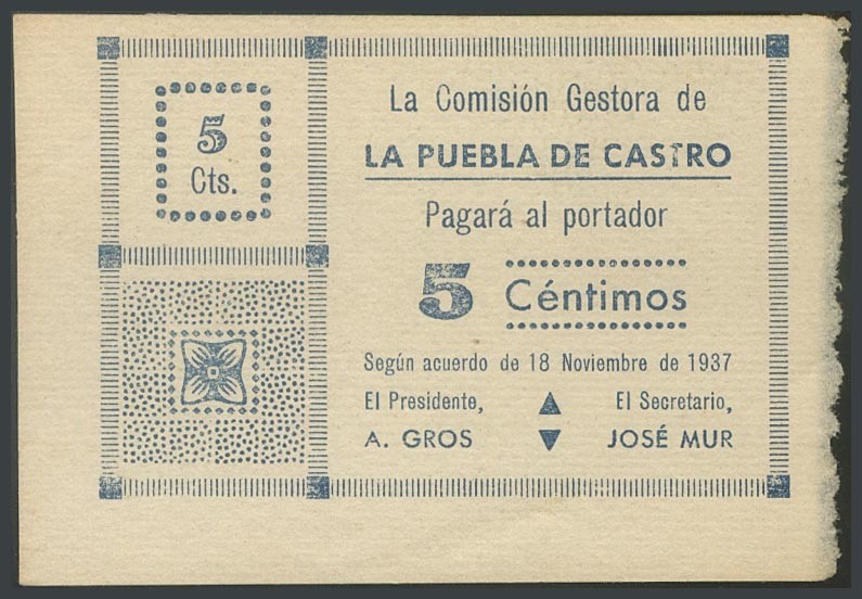 PUEBLA DE CASTRO (HUESCA). 5 Cents. November 18, 1937. (Gonz\u00e1lez: 4316). Ve...