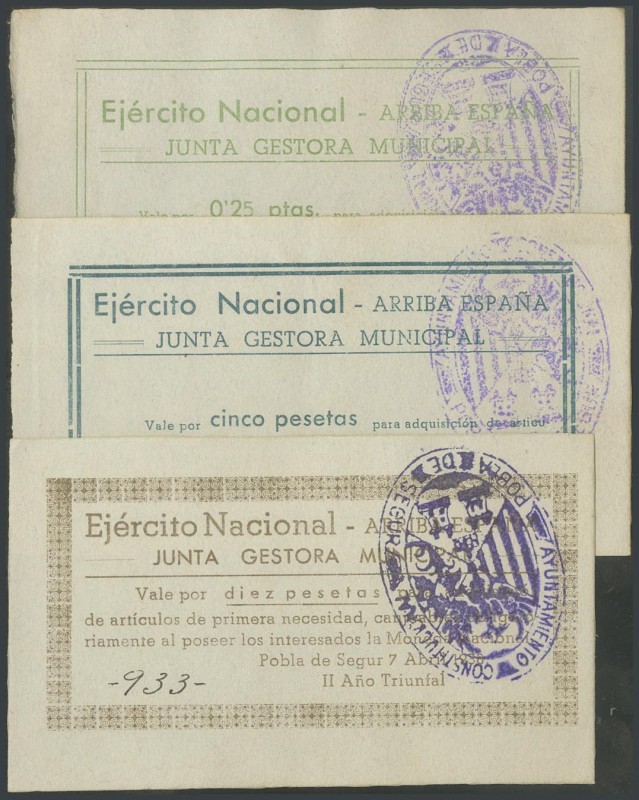 POBLA DE SEGUR (LERIDA). 25 Cents, 5 Pesetas and 10 Pesetas. April 7, 1937. (Gon...