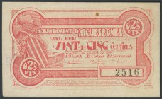 AIGUESBONES (BARCELONA). 25 cents. September 2, 1937. (Gonz\u00e1lez: 6048). VF.