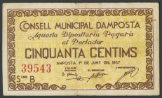 AMPOSTA (TARRAGONA). 50 Cents. June 1, 1937. (Gonz\u00e1lez: 6275). VF.