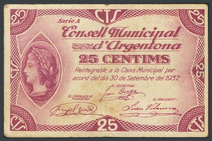 ARGENTONA (BARCELONA). 25 cents. September 30, 1937. Series A. (Gonz\u00e1lez: 6...