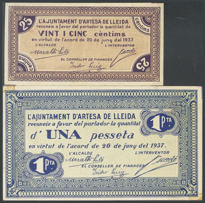 ARTESA DE LLEIDA (LERIDA). 25 Cents and 1 Peseta. June 20, 1937. (Gonz\u00e1lez:...