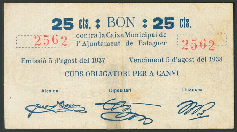 BALAGUER (LERIDA). 25 cents. August 5, 1937. With the presence of adhesive tape....