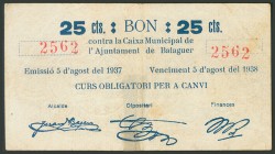 BALAGUER (LERIDA). 25 cents. August 5, 1937. With the presence of adhesive tape. (Gonz\u00e1lez: 6486). F.