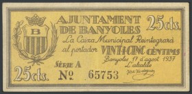 BANYOLES (GERONA). 25 cents. August 17, 1937. Series A. (Gonz\u00e1lez: 6506). F.